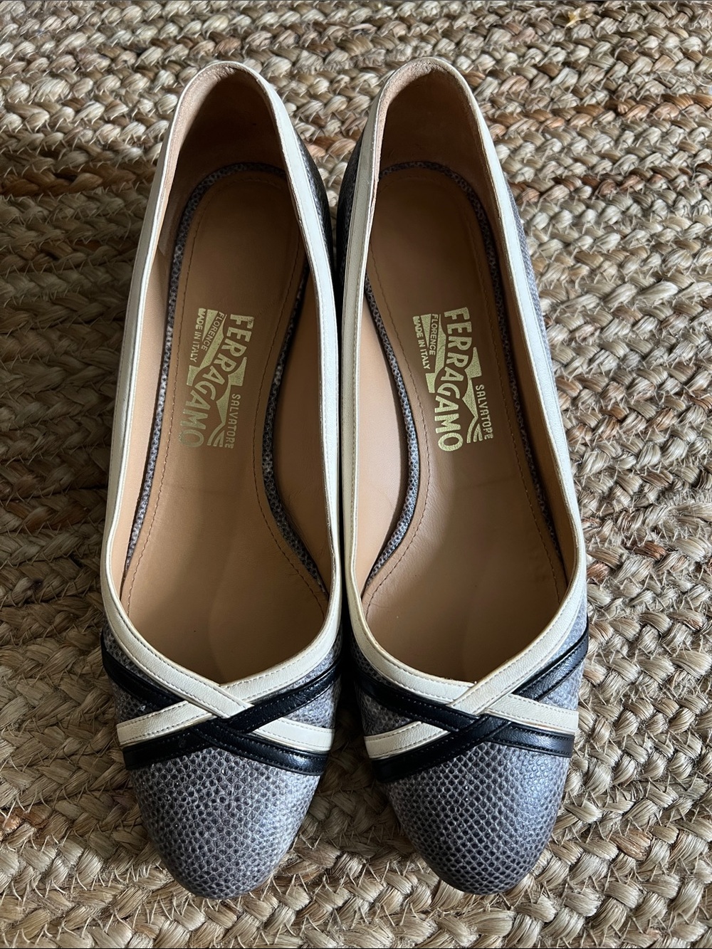Salvatore Ferragamo Gray, Cream and Black Pointed-Toe Flats